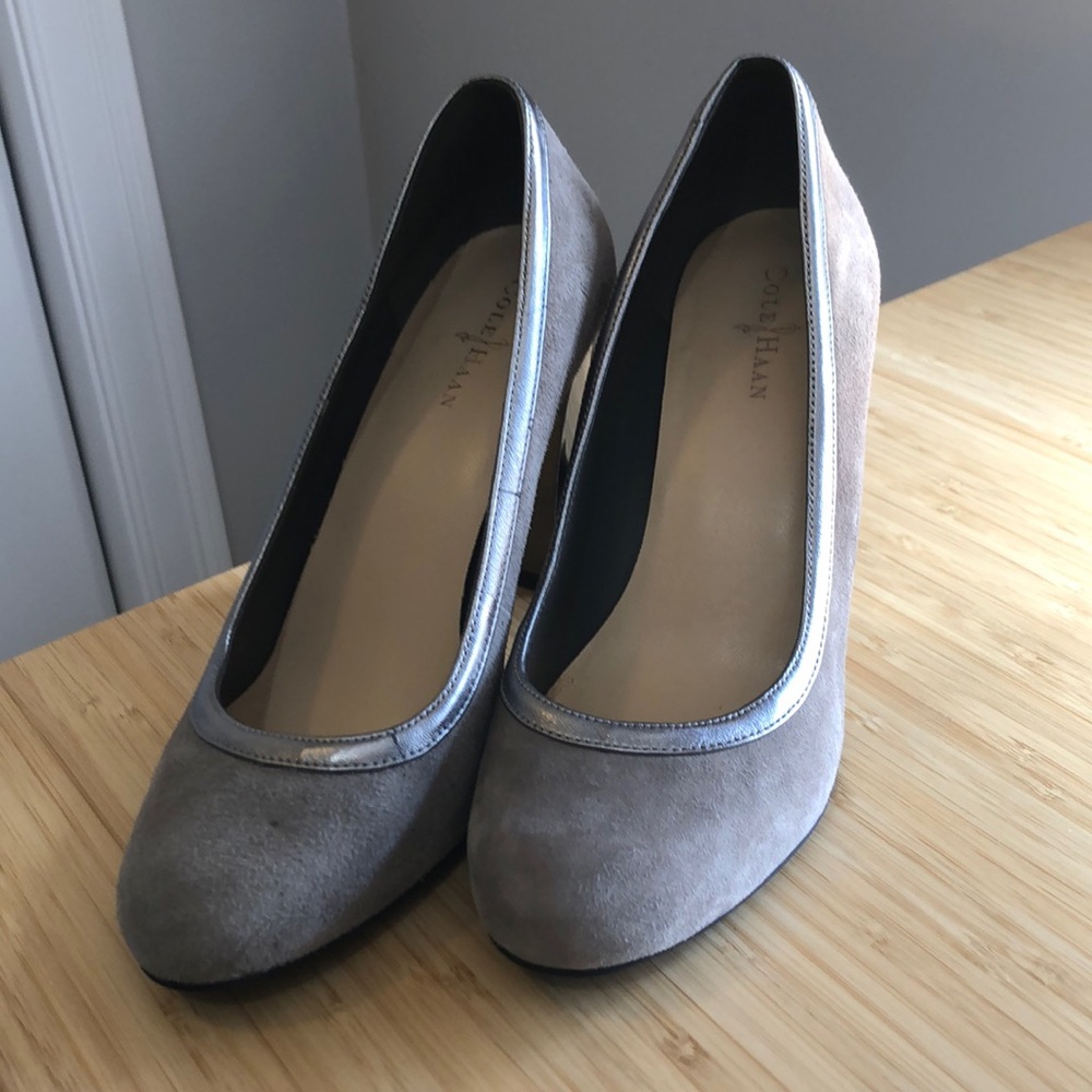 Cole Haan grey suede and silver metallic 3.5 inch pumps